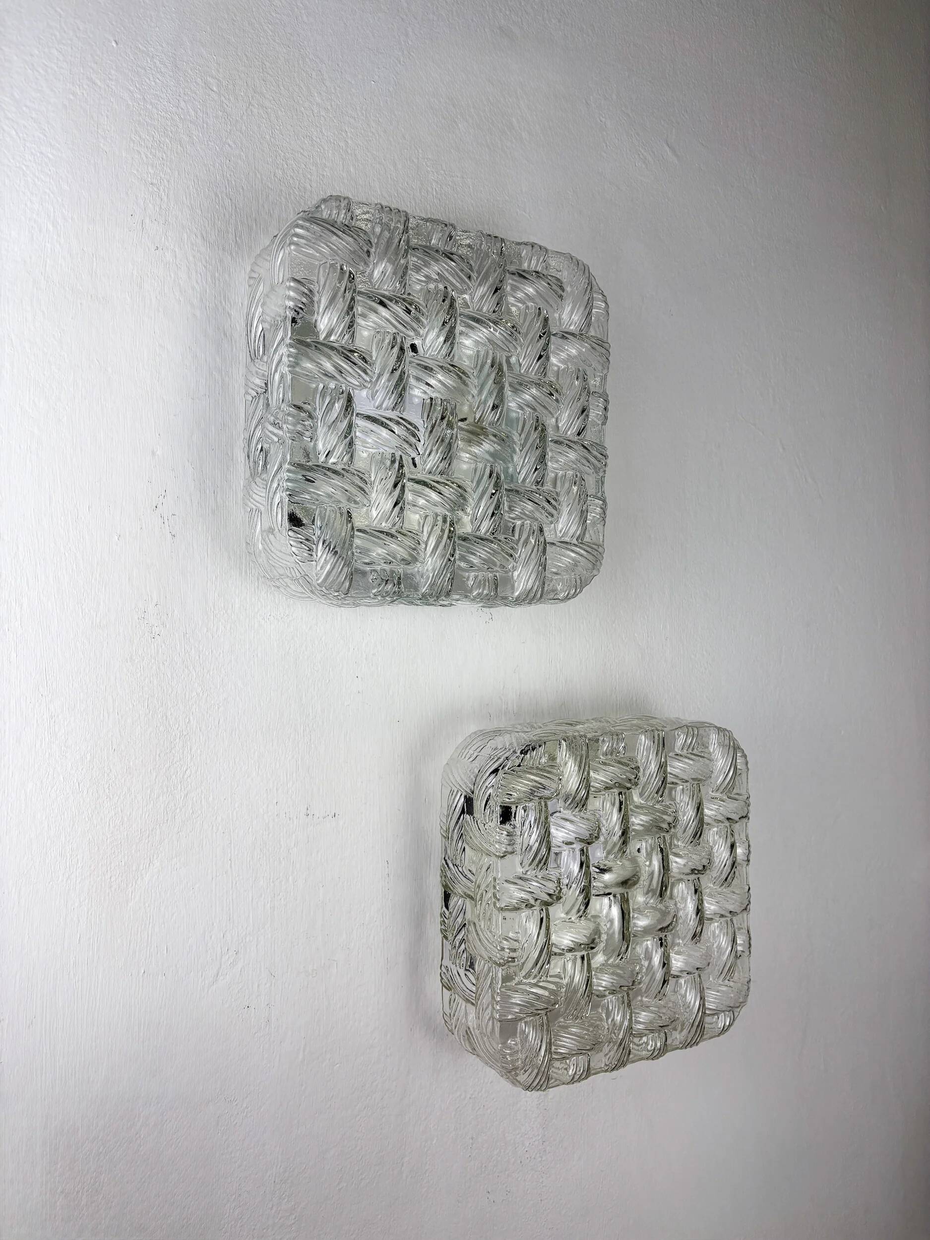 Pair of woven textured glass wall lights by Leuchten, Germany, 1970s