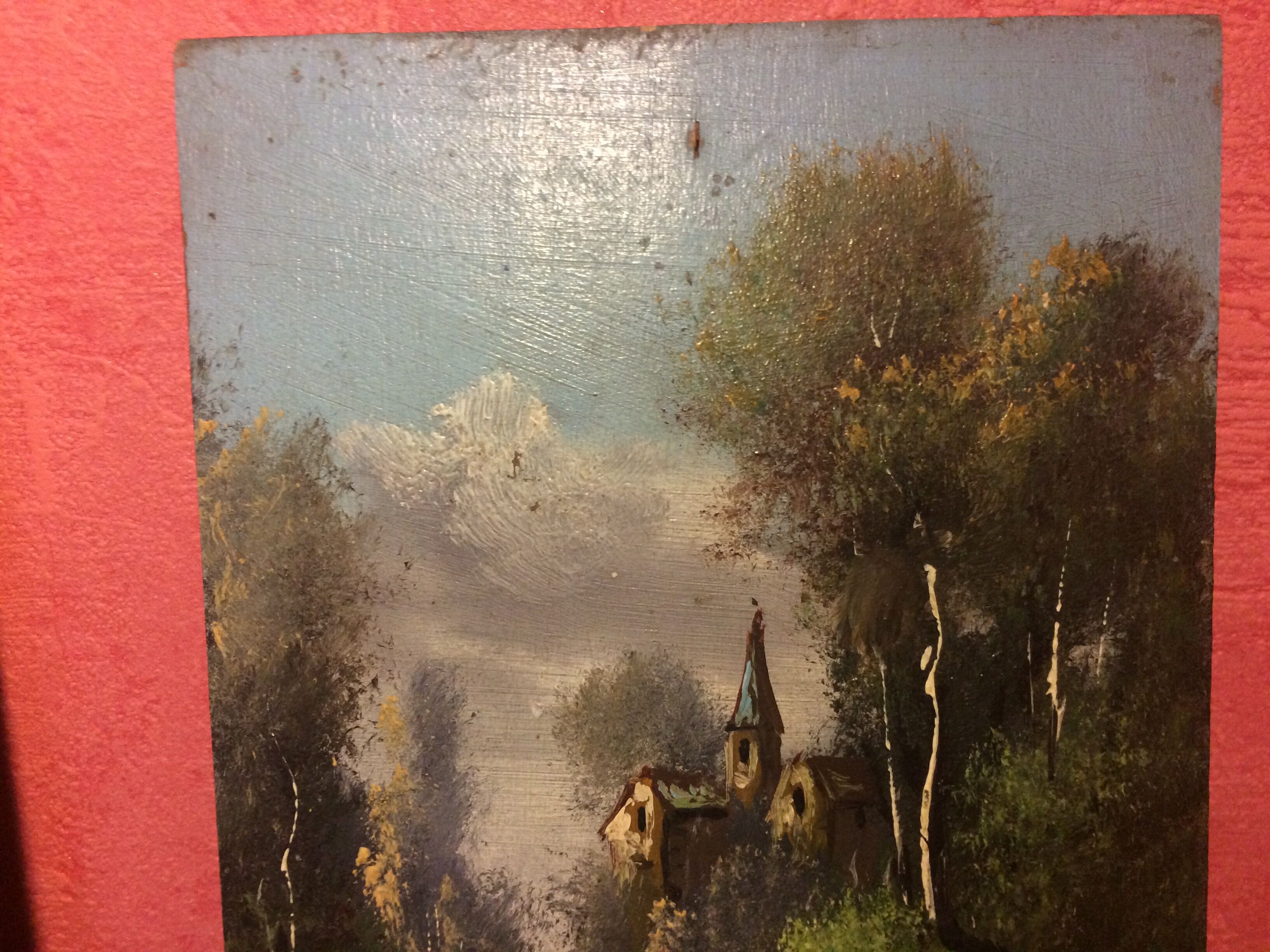 Pair Old Oil Table on Panel View River 19th Vintage Campaign