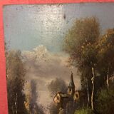 Pair Old Oil Table on Panel View River 19th Vintage Campaign