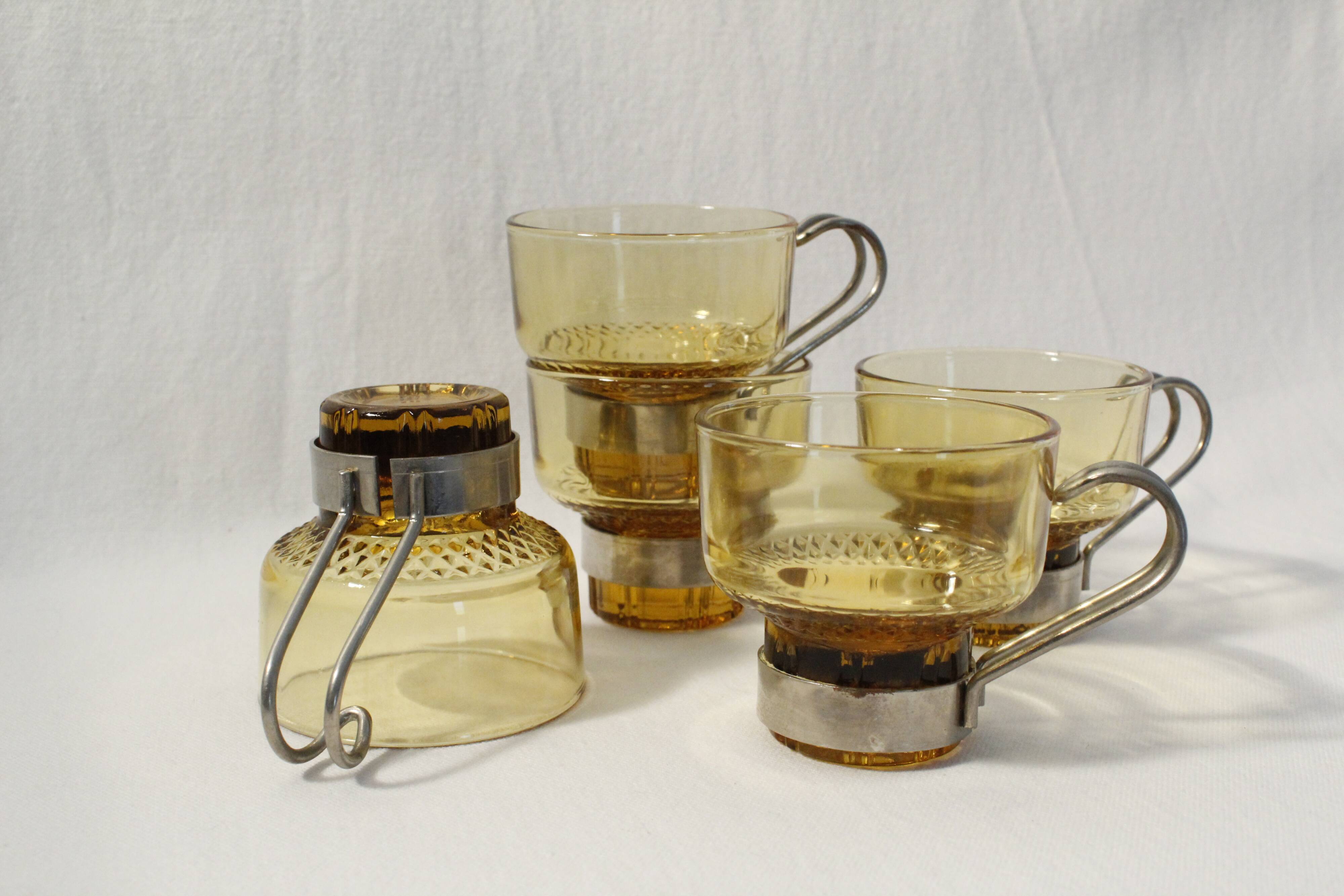 Coffee cups x5 - amber glass and metal handle - Made in Italy