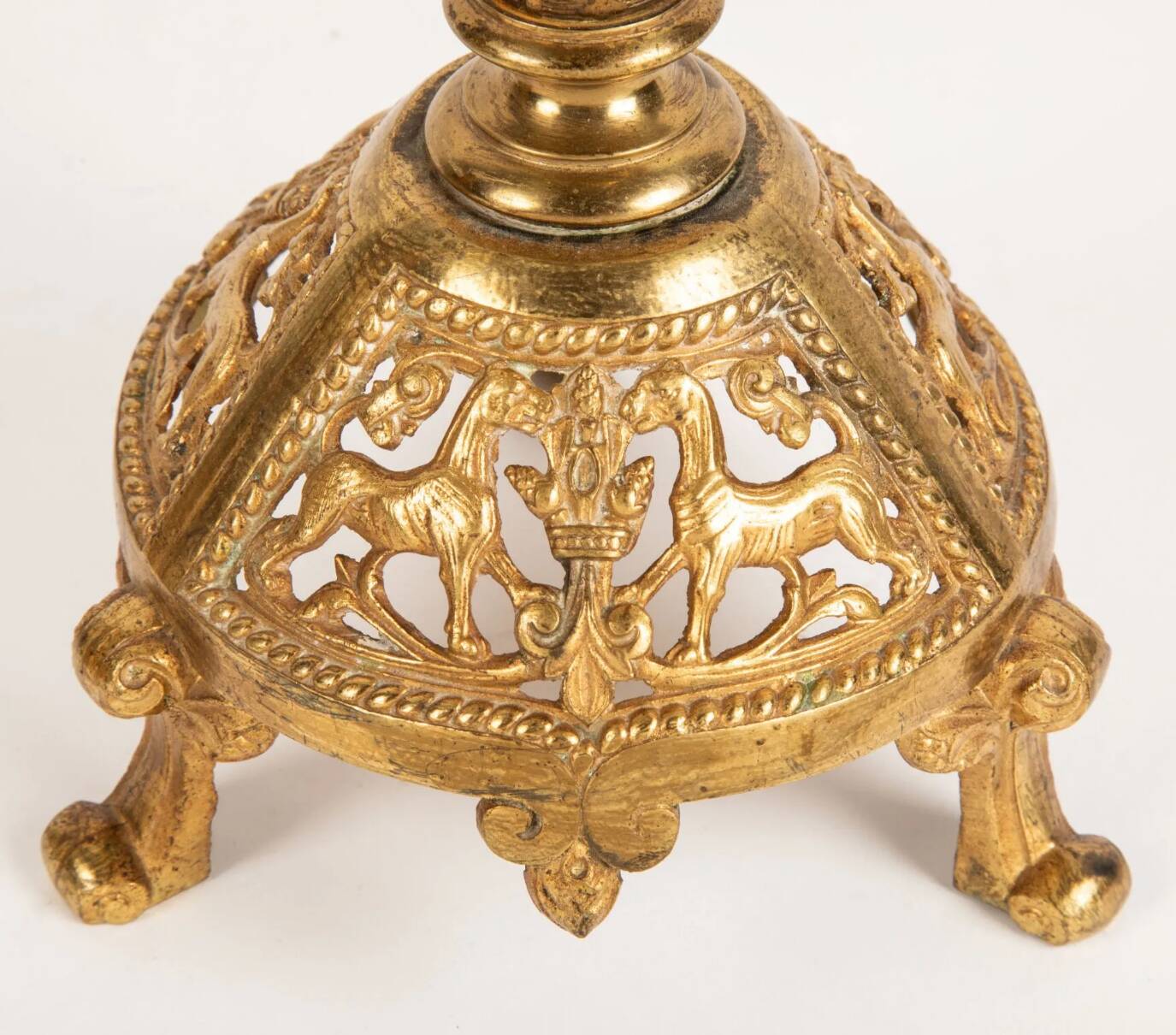 Pair of neo-Byzantine style gilt metal candlesticks. Late 19th century.