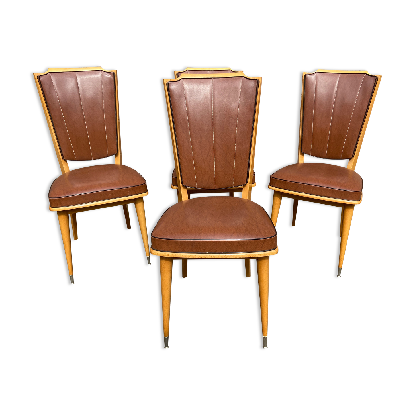 4 vintage chairs 1950 mid-century Scandinavian compass feet imitation leather Skaï