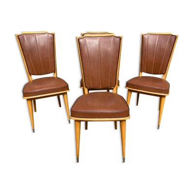 Set de 4 chaises vintage 1950 mid-century scandinave pieds compas simili cuir Skaï