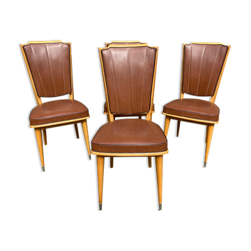 4 vintage chairs 1950 mid-century Scandinavian compass feet imitation leather Skaï