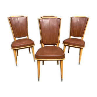 Set de 4 chaises vintage 1950 mid-century scandinave pieds compas simili cuir Skaï