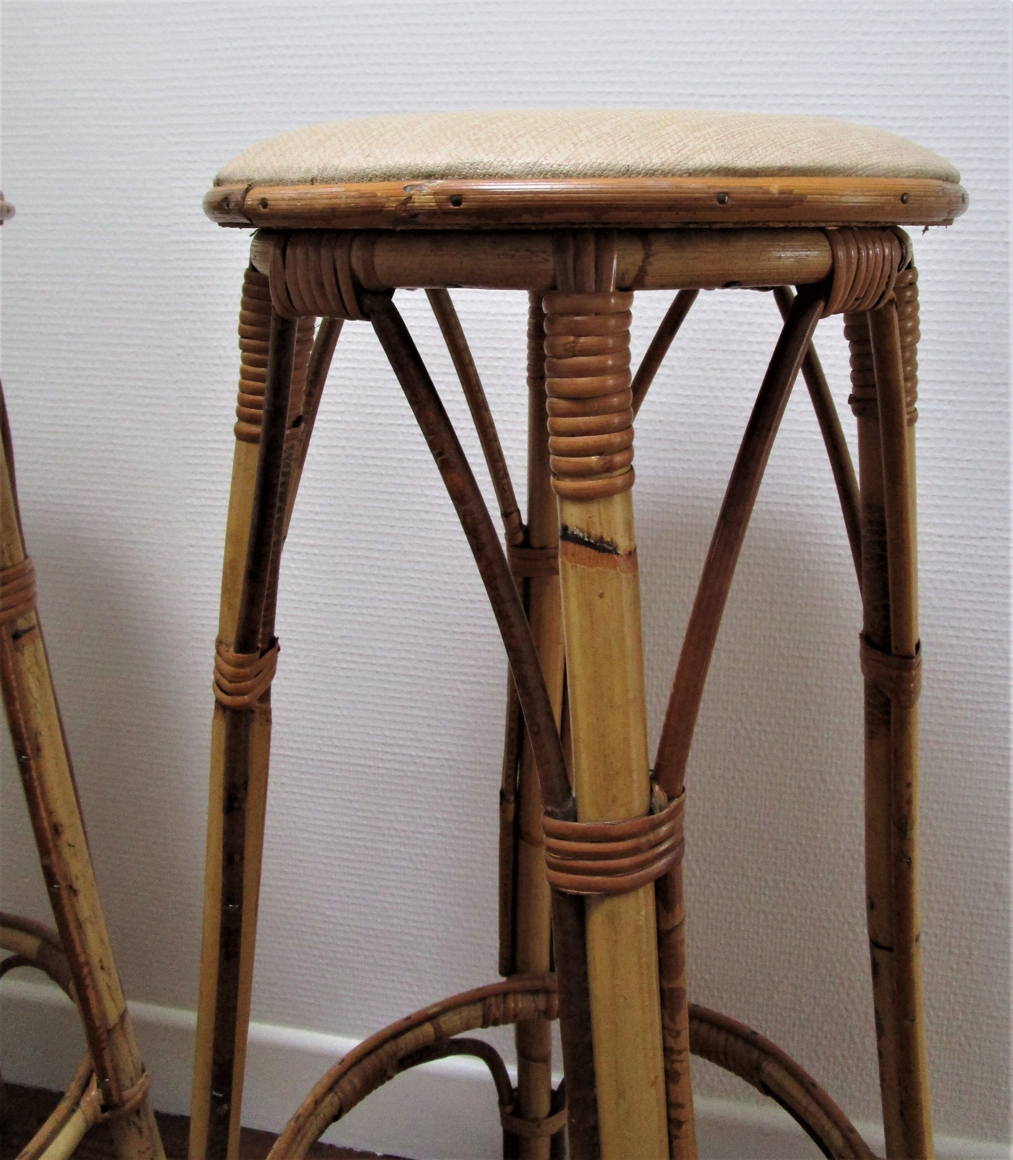 Pair of rattan bar stools and vintage bamboo