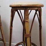 Pair of rattan bar stools and vintage bamboo