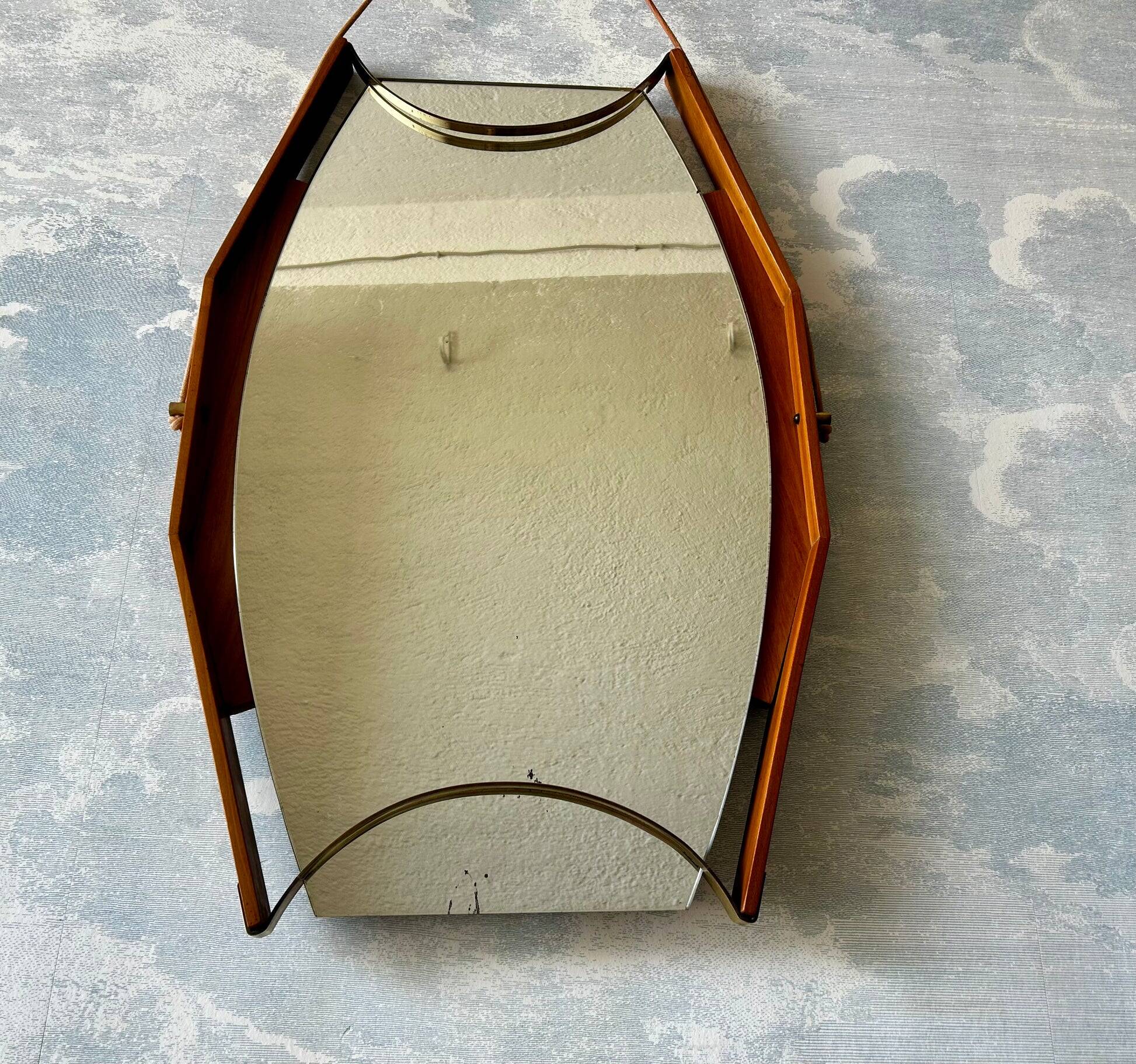Wall mirror with brass detail and leather mounting, Vetreria Andreini, Ravenna, Italy, 1950s