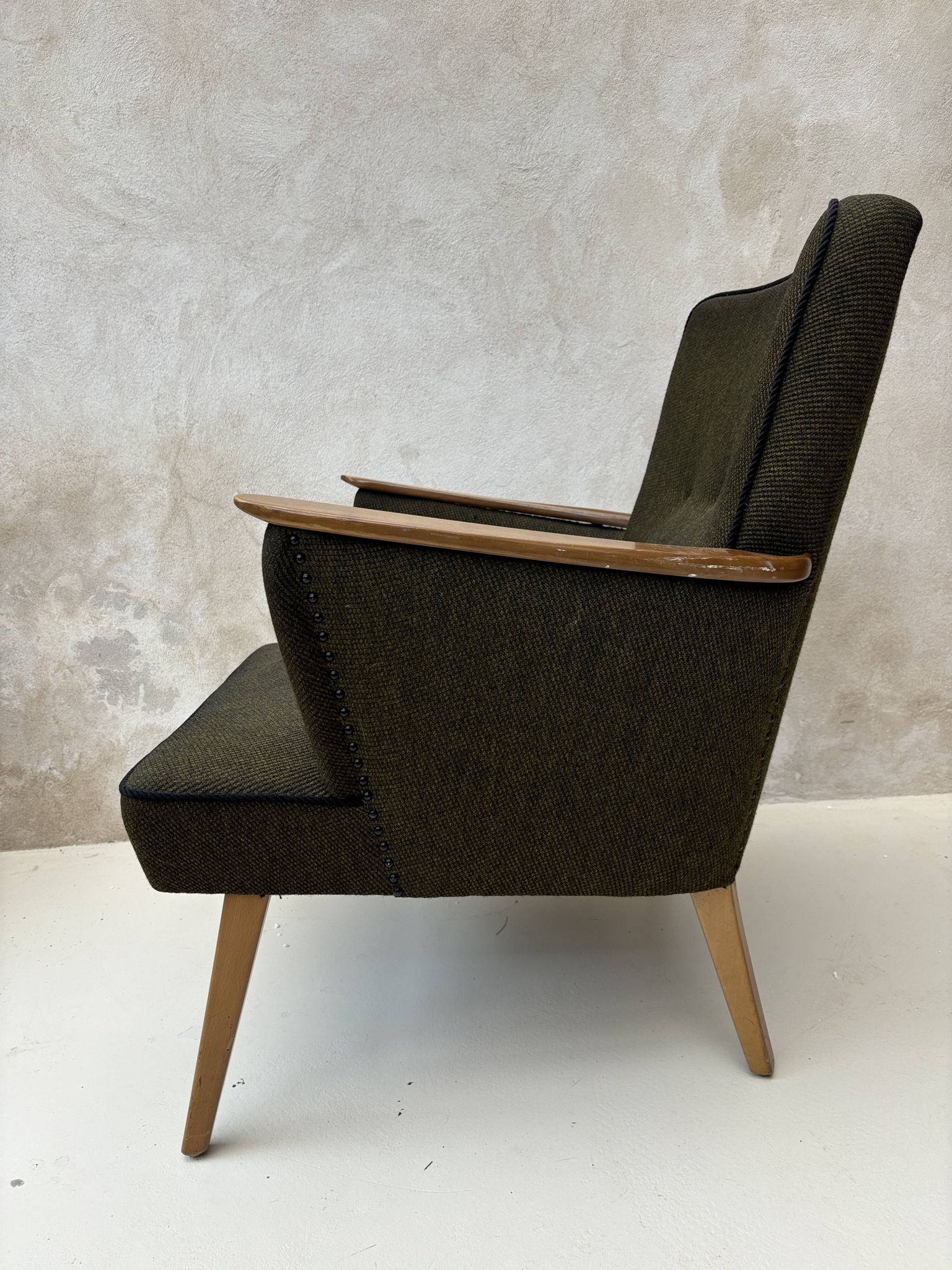 Pair of vintage wooden and fabric armchairs from the 1960s.