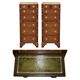 Pair of vintage military campaign high chests of drawers with leather tops.