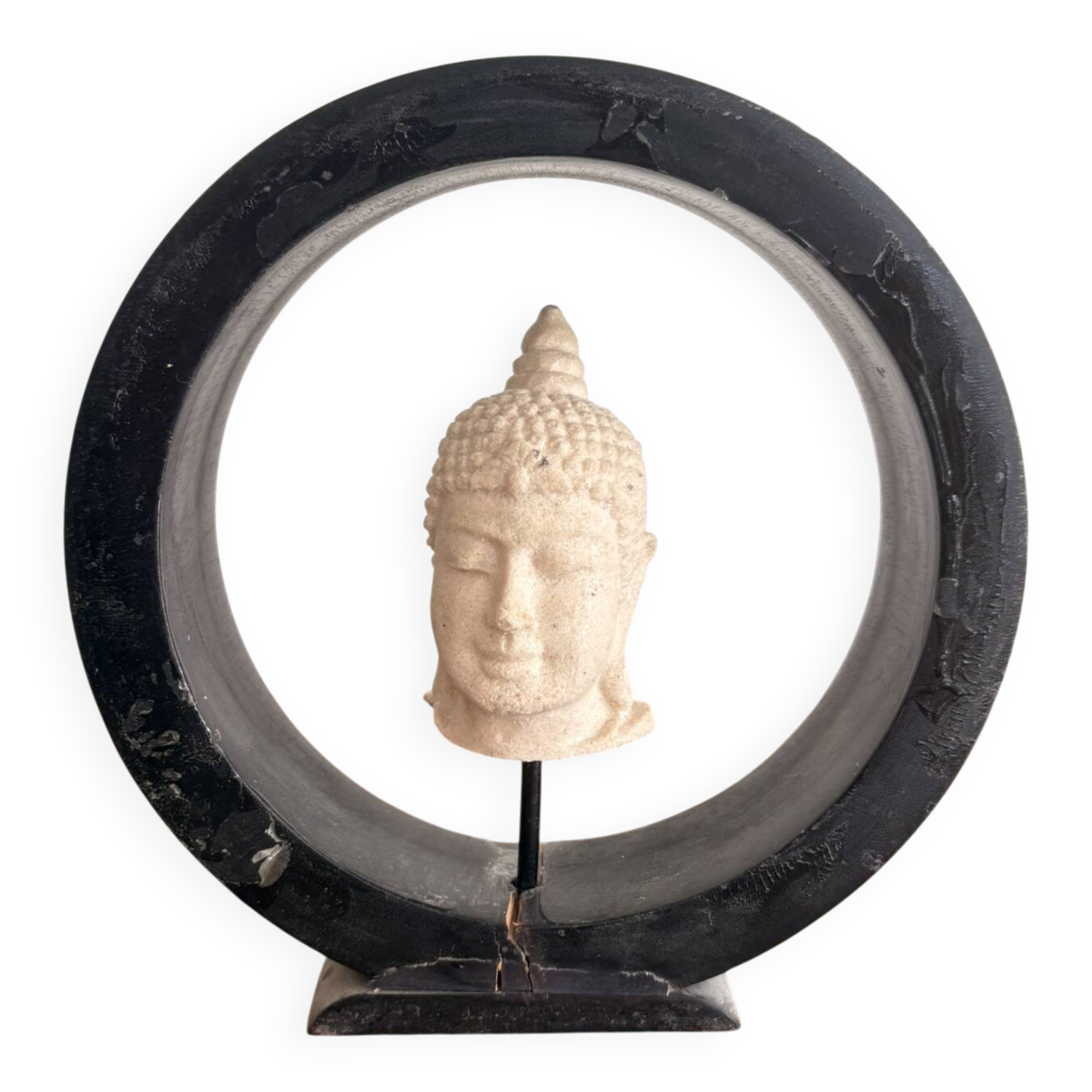 Sculpture Buddha Head in Reconstituted Stone on Khmer Thai Ring Base