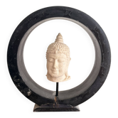 Sculpture Tête Bouddha Pierre Reconstituée Grés sur Socle Anneau Khmer Thaï
