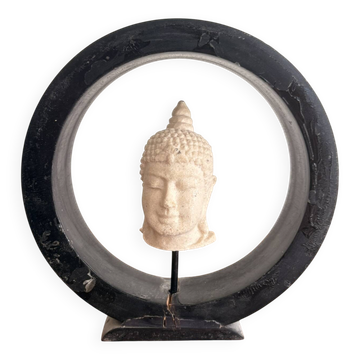 Sculpture Buddha Head in Reconstituted Stone on Khmer Thai Ring Base