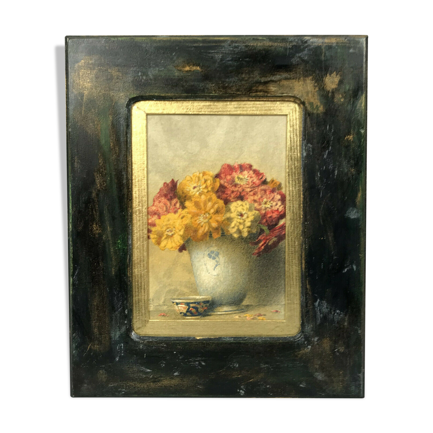 Watercolor decorated with dahlias by Pascal Courcelles 1956