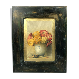 Aquarelle à décor de dahlias de Pascal Courcelles 1956