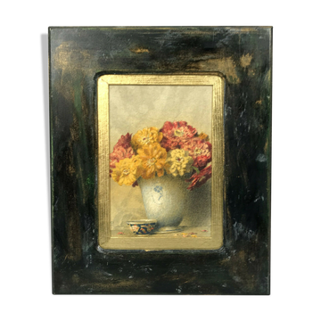 Watercolor decorated with dahlias by Pascal Courcelles 1956
