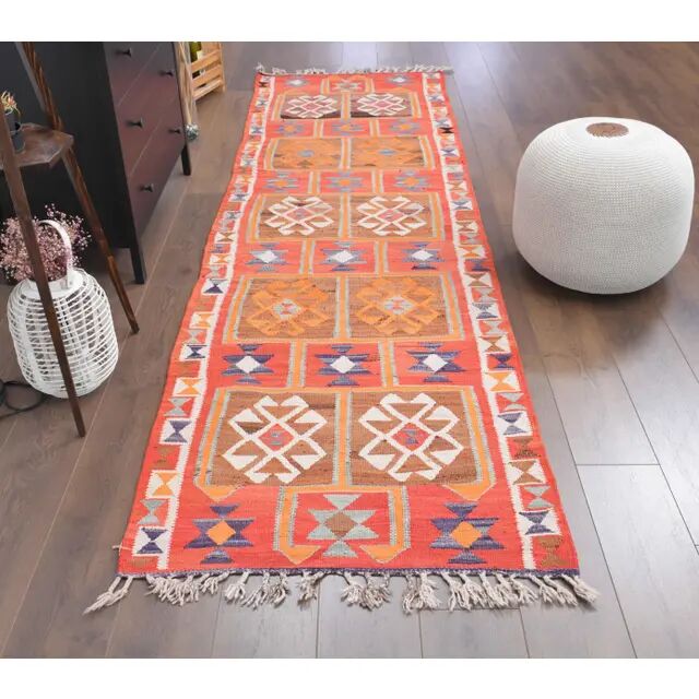 1970s Vintage Turkish Hand-Knotted Wool Cotton Red Runner Rug 96x320
