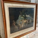 Ancienne gravure a. chaponnier la danse de village paris + cadre bois #b543