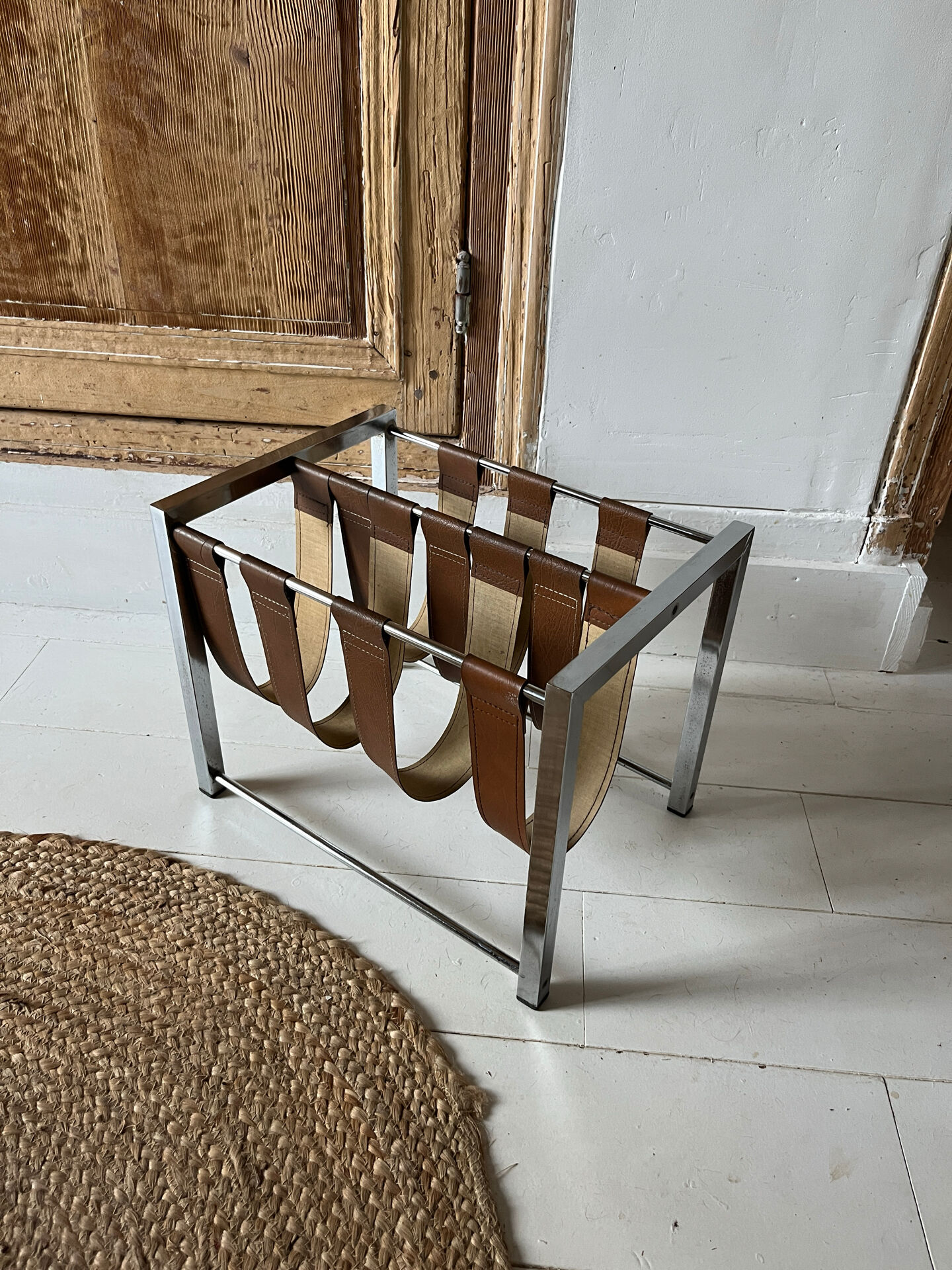 Vintage chrome steel and leather magazine rack – 1970s