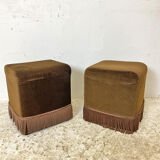 Pair of vintage 70's poufs in brown velvet