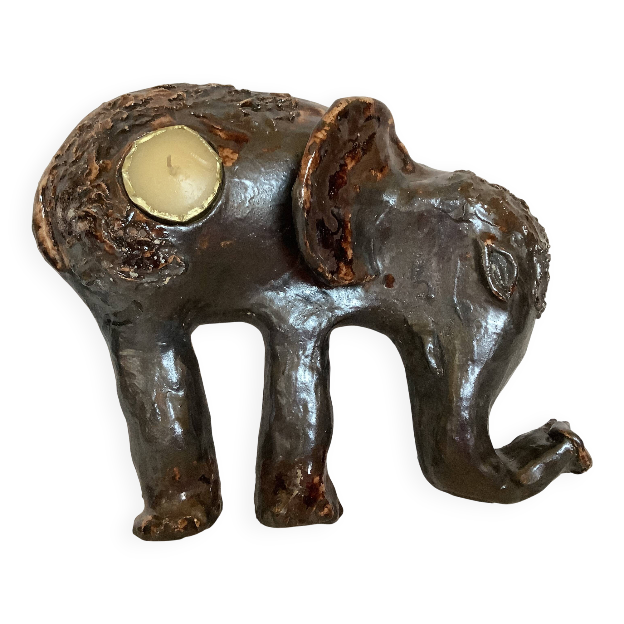 Iridescent ceramic elephant candlestick signed