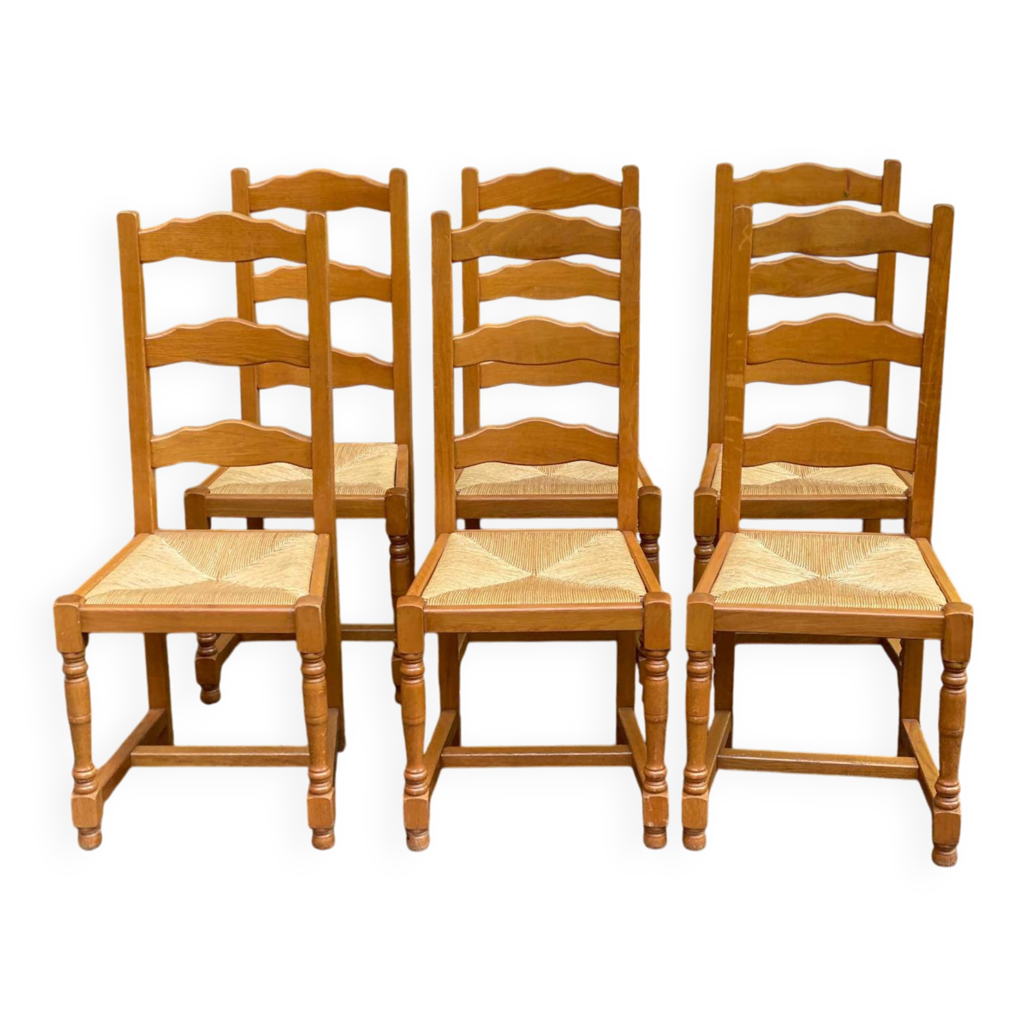 6 solid oak dining chairs with straw 105cm