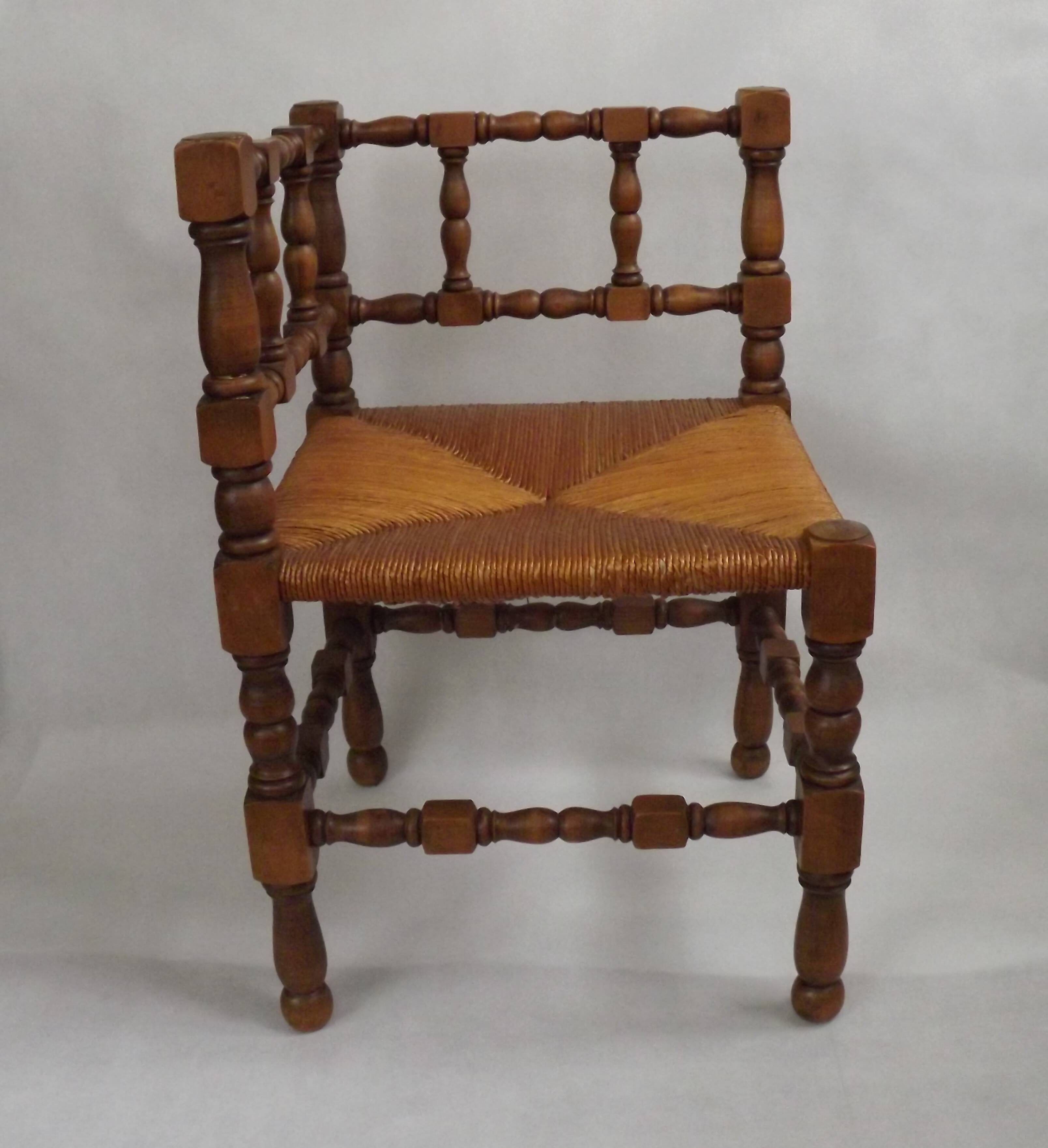 Antique French Turned Wooden Bobbin Chair with Rush Seat