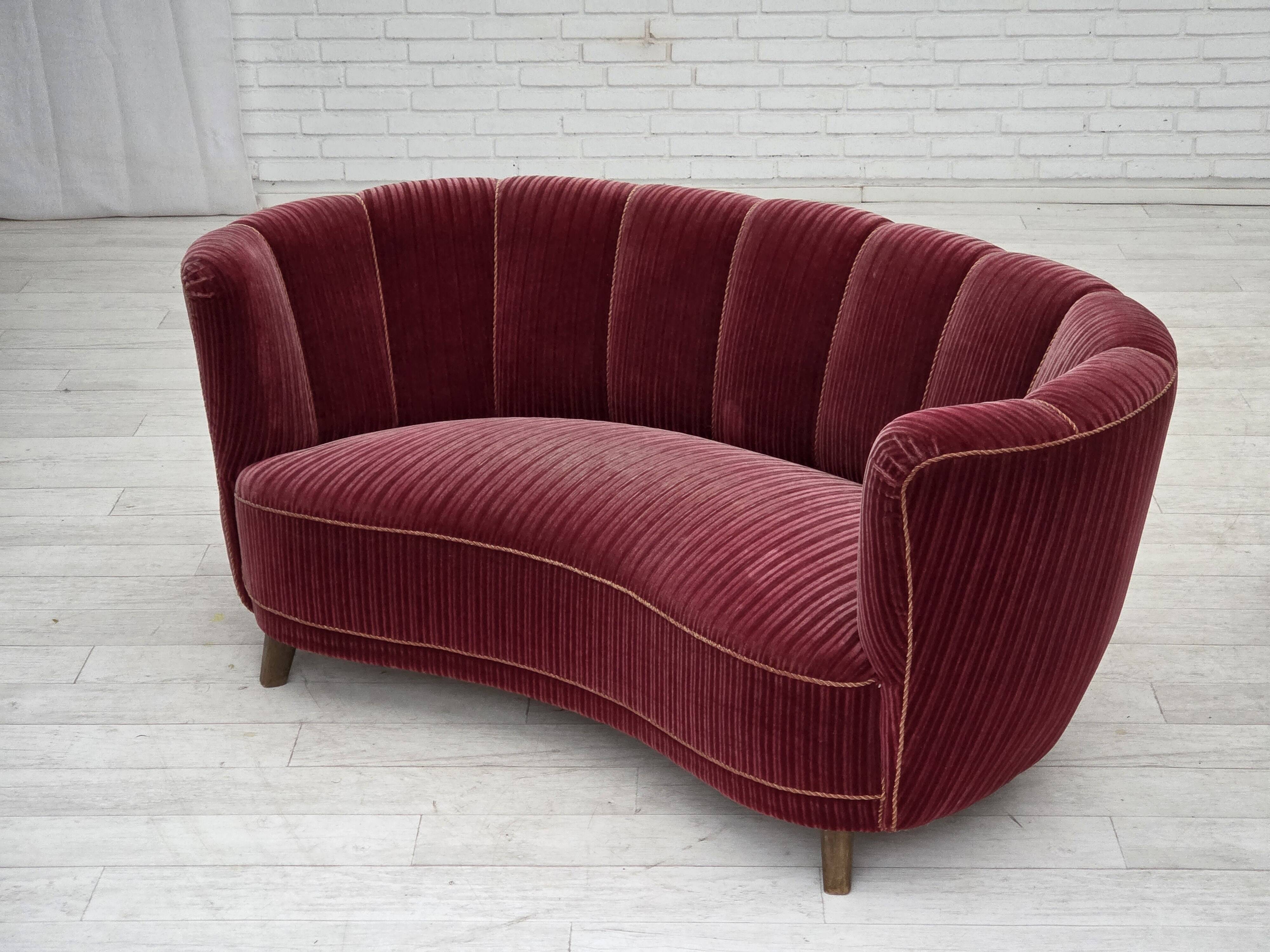 1960s, Danish 2-seater "Banana" sofa, red furniture velour, oak wood.