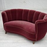 1960s, Danish 2-seater "Banana" sofa, red furniture velour, oak wood.