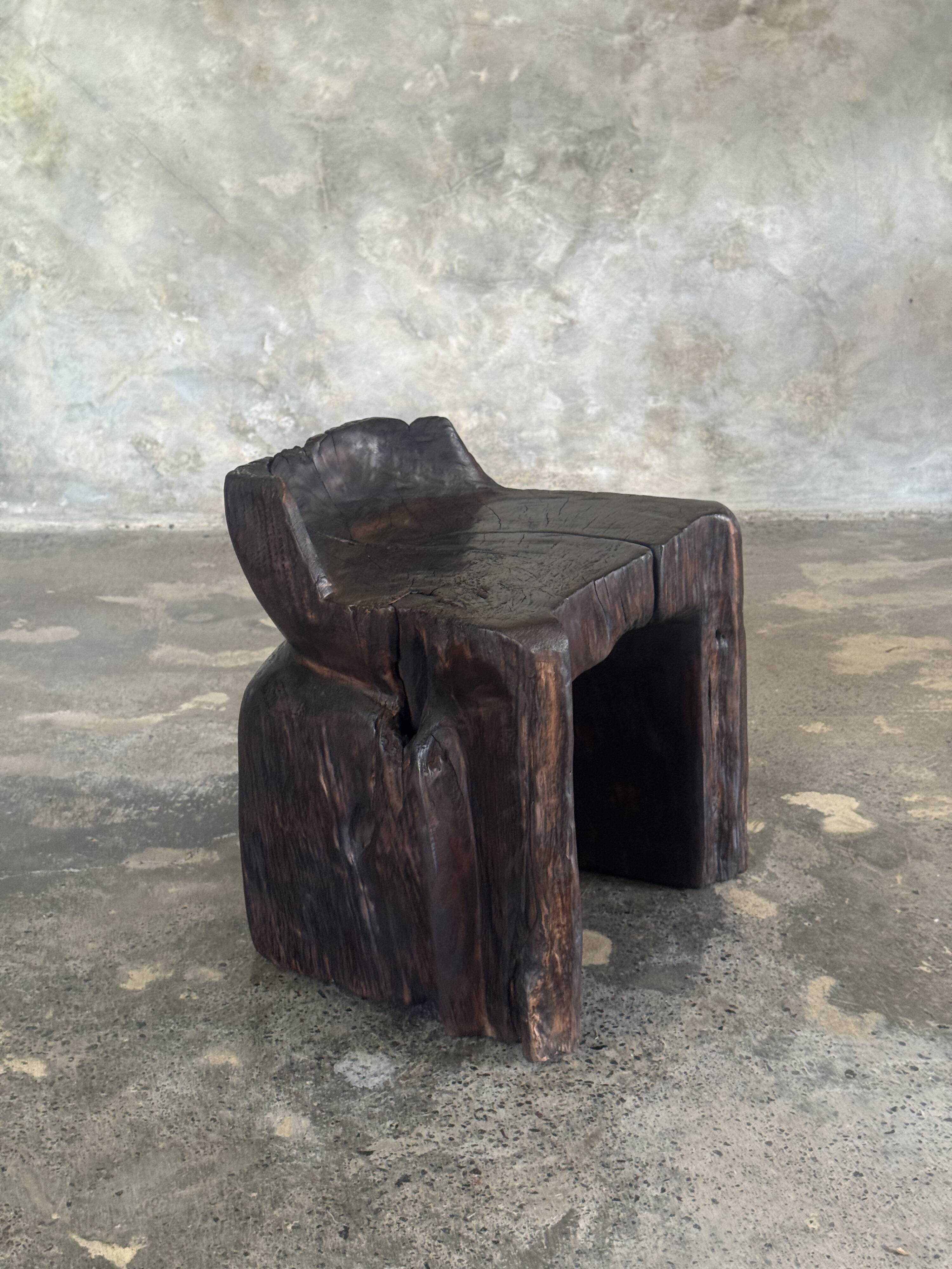 Stool, tabouret or low Japanese-style armchair in brutalist monoxyle radica.