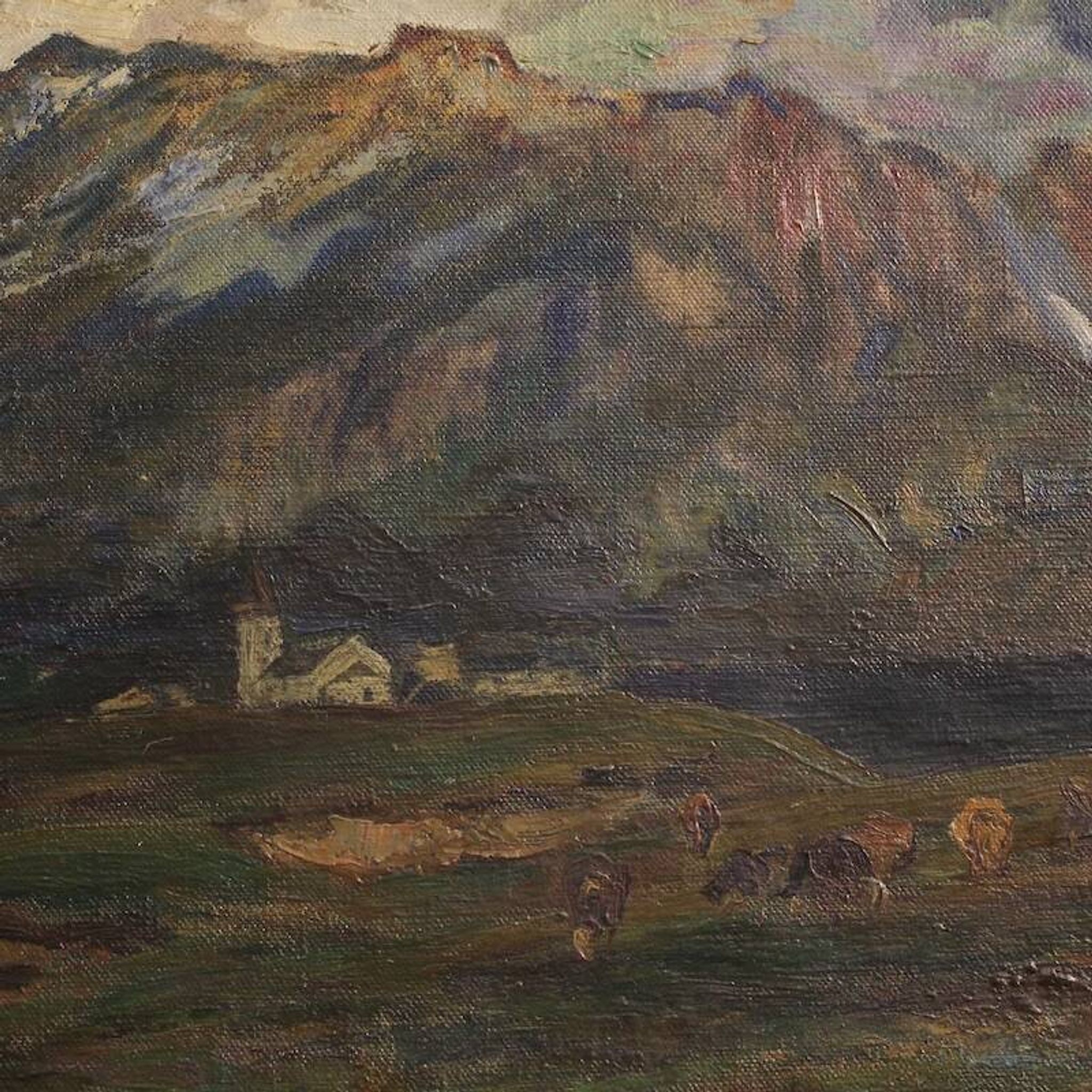 Antique Italian signed mountain landscape painting from 19th century