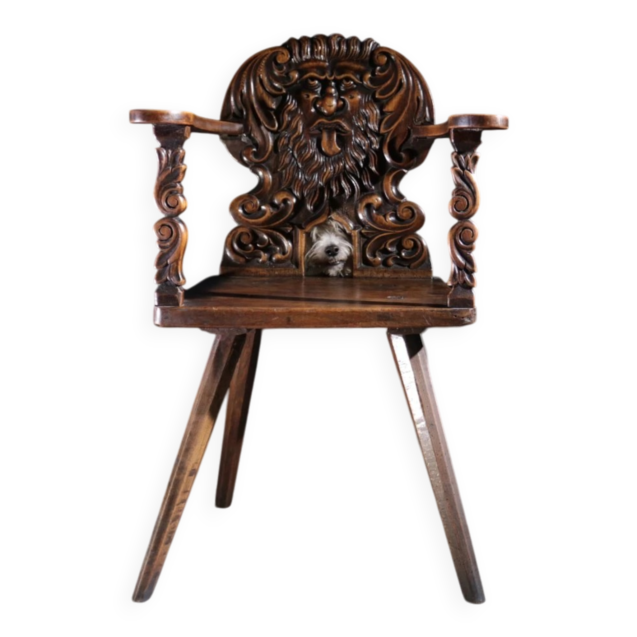 17th century Alpine carved walnut Brettstuhl armchair with grotesque mask