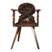17th century Alpine carved walnut Brettstuhl armchair with grotesque mask