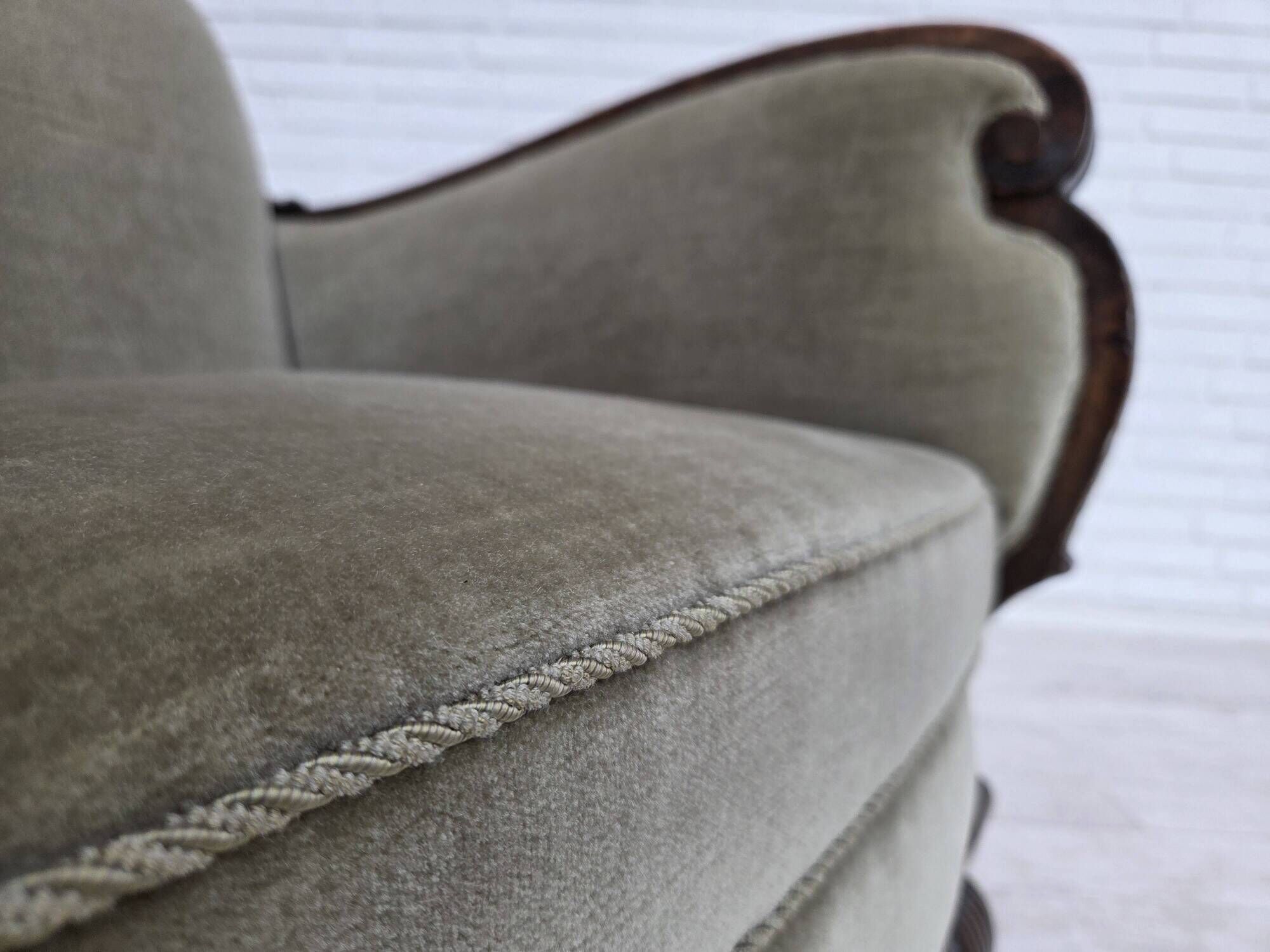 1950s, Danish relax armchair, furniture velour, carved oak wood.