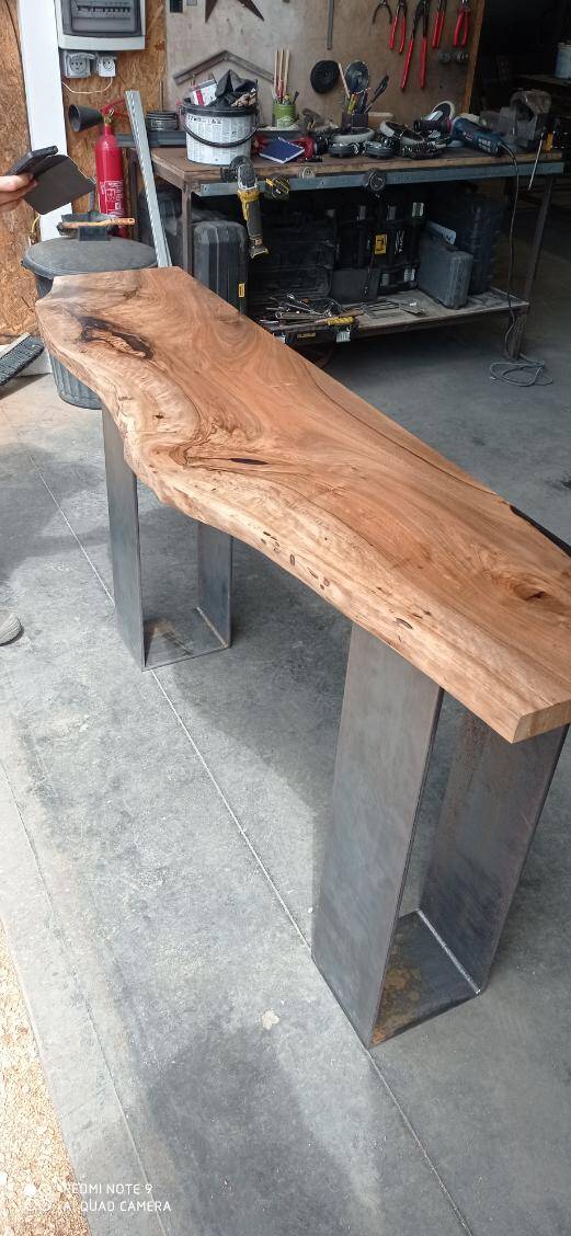 Walnut console with steel legs