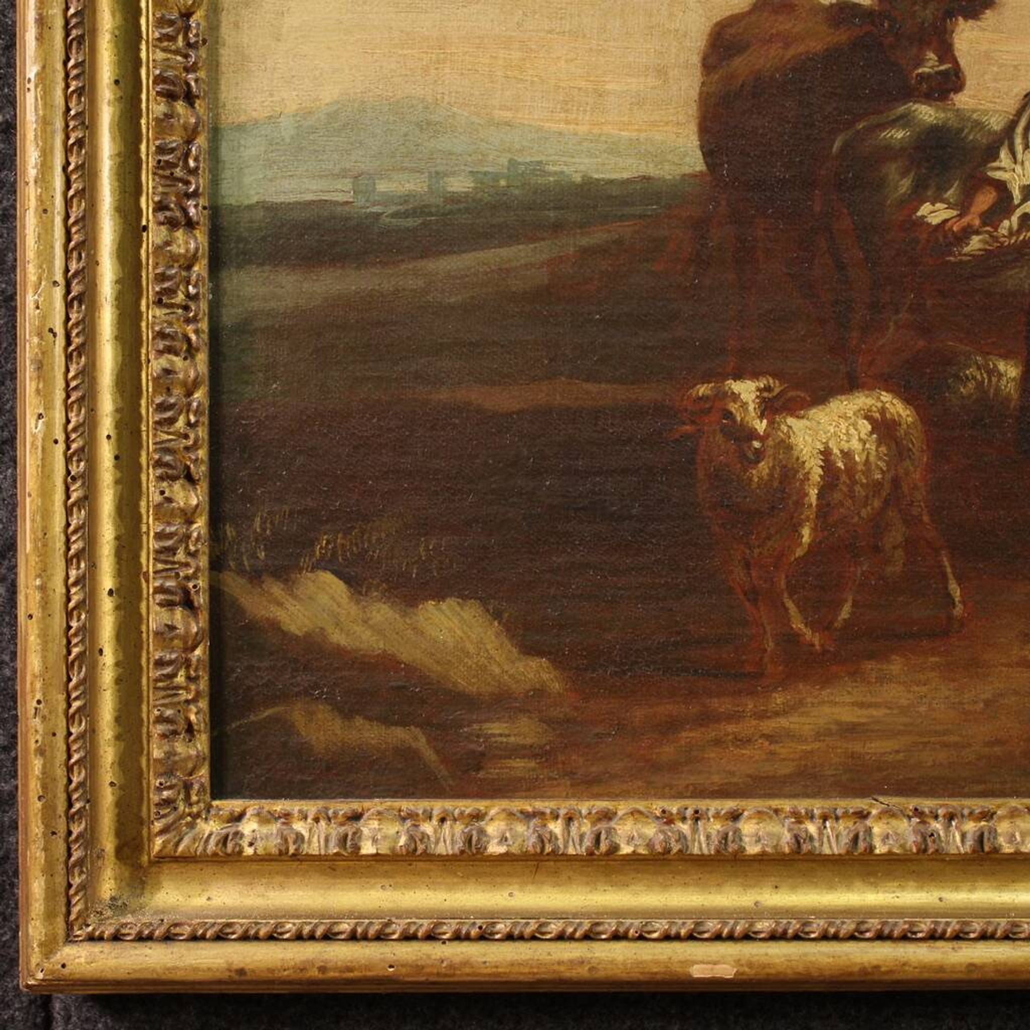 17th century bucolic landscape painting with figures, pastoral scene