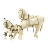 Pair of Decorative Wooden Horses Covered with Bone Mosaic Silver Plated