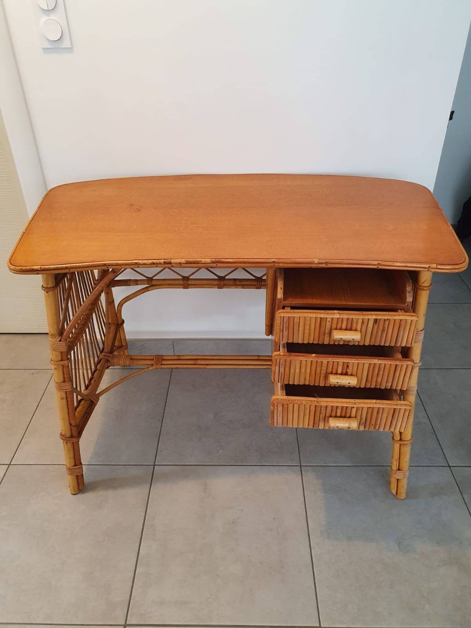 Rattan and bamboo desk with chair - Audoux Minet style from the 1970s.