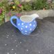 Lavender blue earthenware tea service with white polka dots from Digoin Sarreguemines.