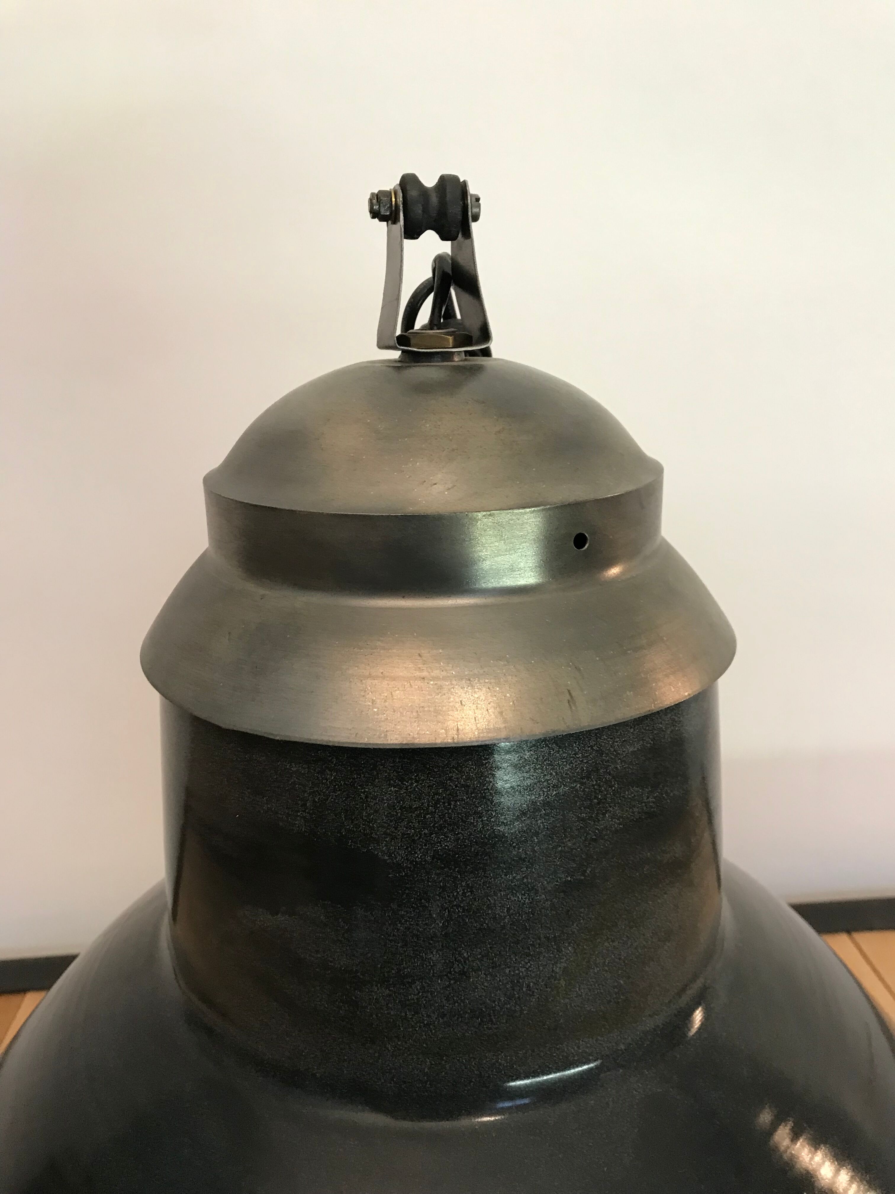 Large metal enamelled sheet metal workshop suspension lamp