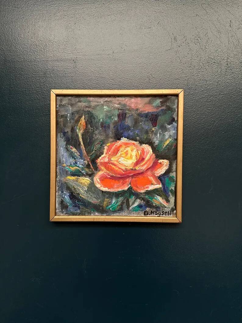 Original Swedish Oil on Canvas – “Yellow Rose” by B. Högsk – Signed – Vintage & Framed – 33 × 33 cm (13" × 13")