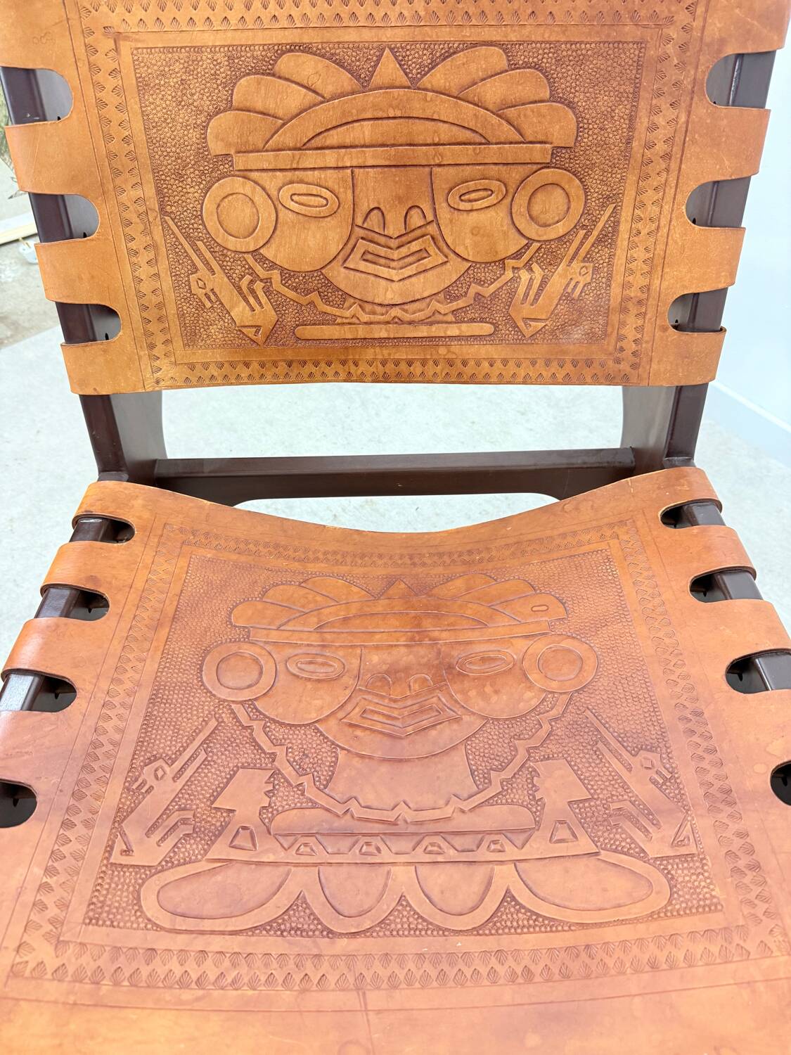 Vintage teak and leather armchair design Angel Pazmino brand Ecuador vintage 1960