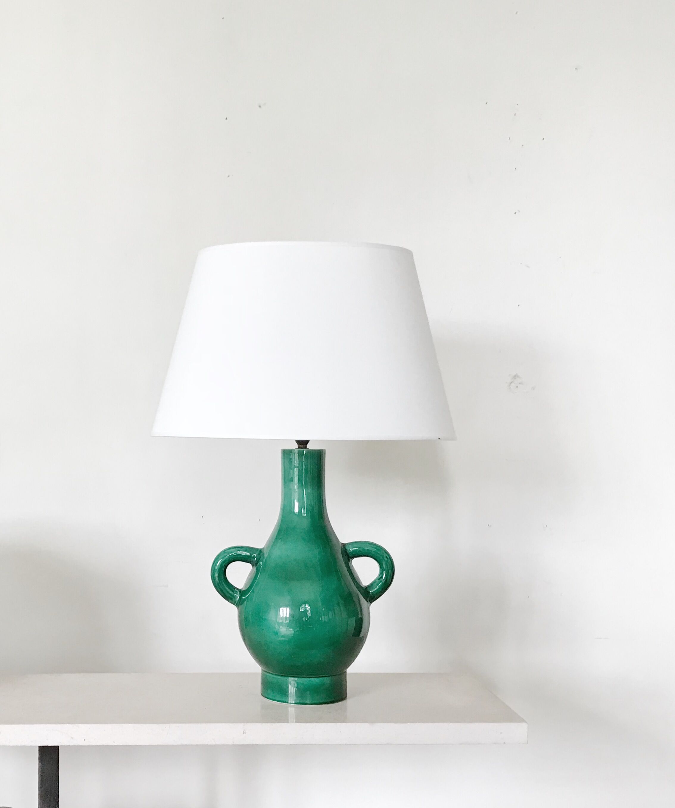 Large green enamelled ceramic lamp from 1950s