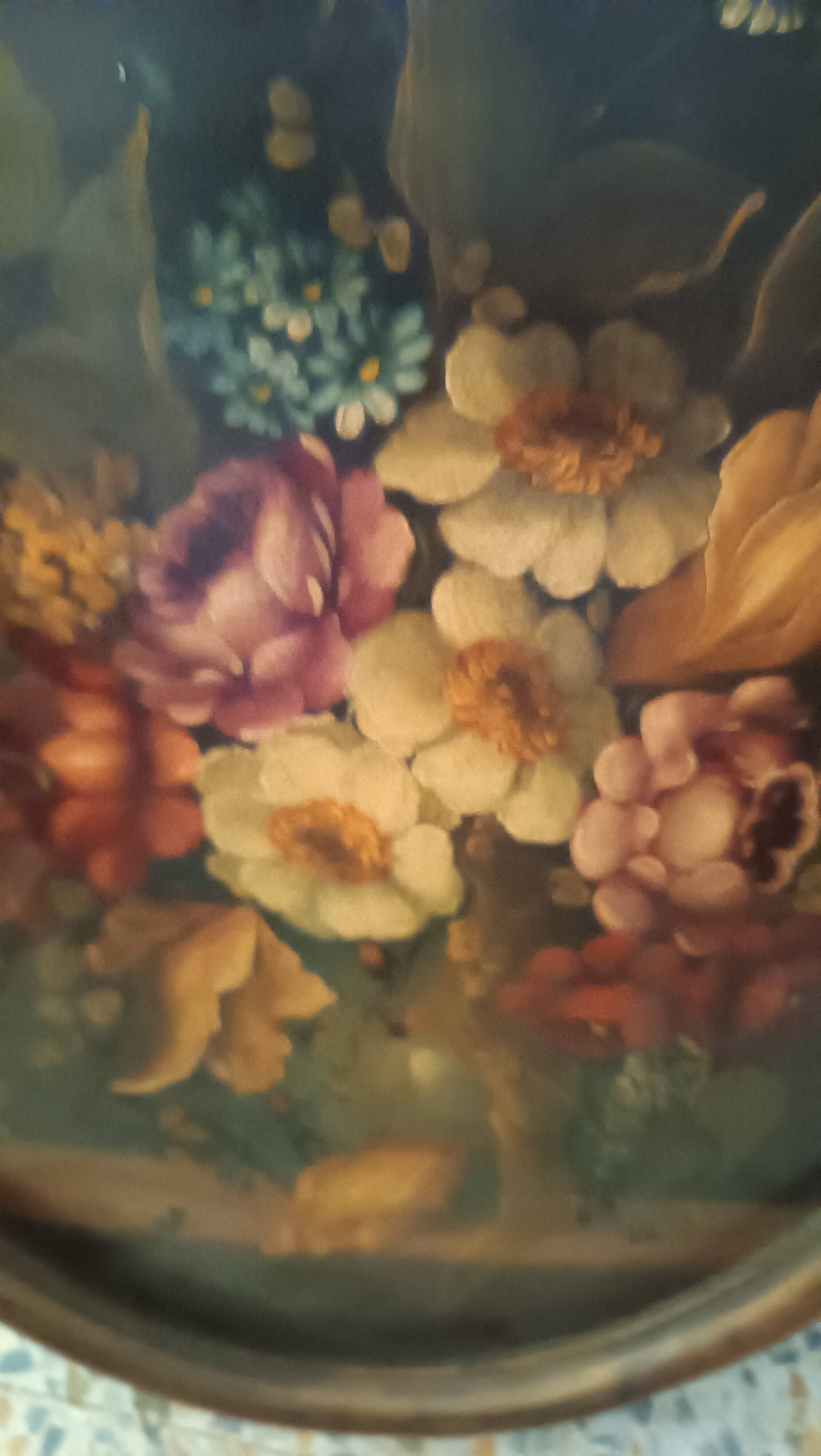Peinture huile sur panneau ovale fleurs