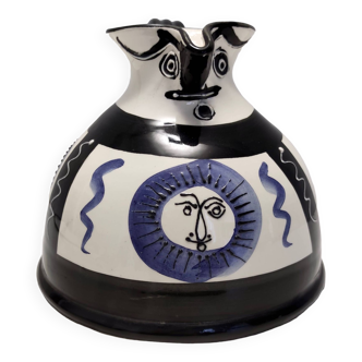 White, Black and Blue Hand-Painted Ceramic Jug / Vase in the Style of Picasso, France