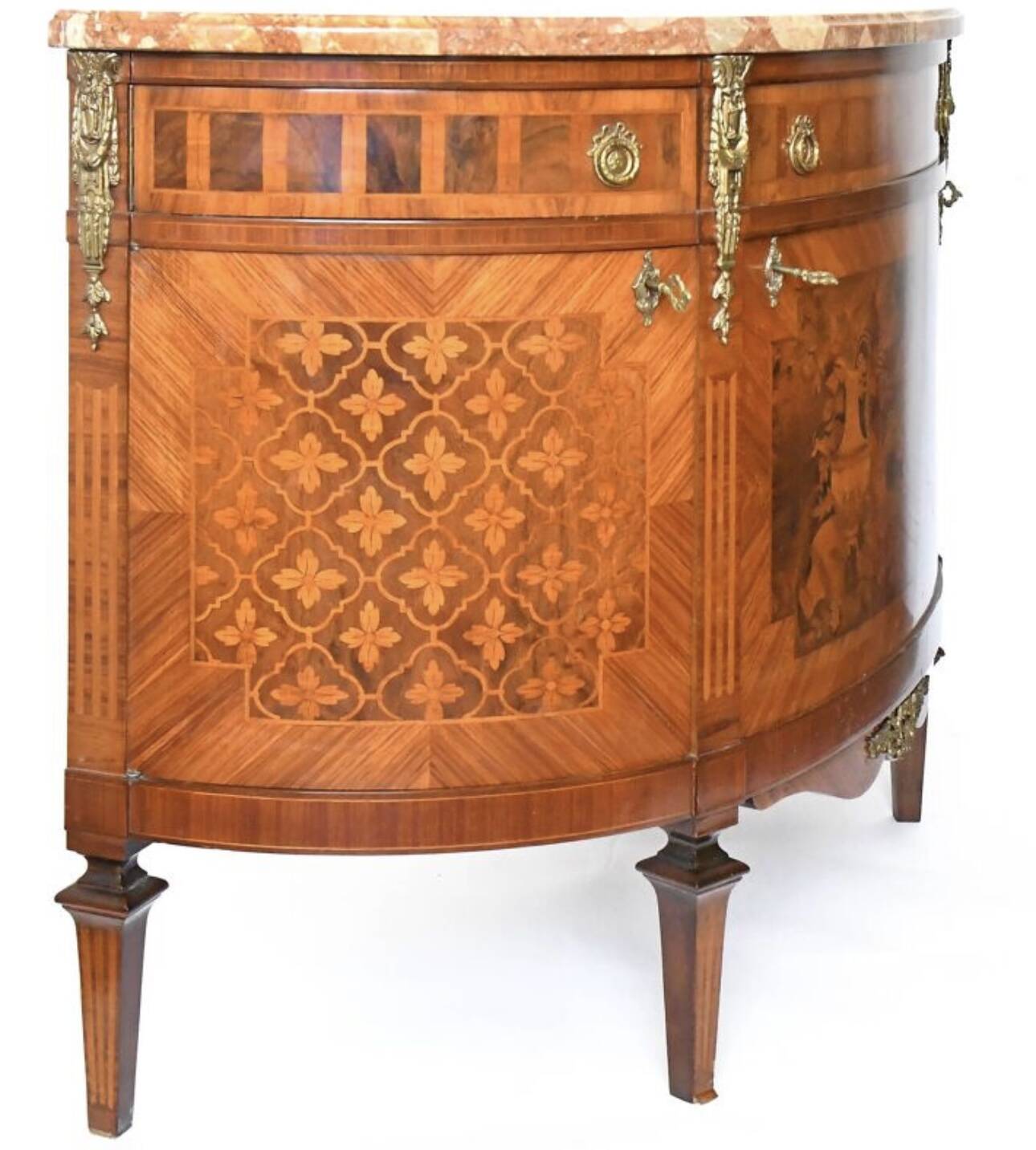 Louis XVI style half-moon marble marquetry sideboard