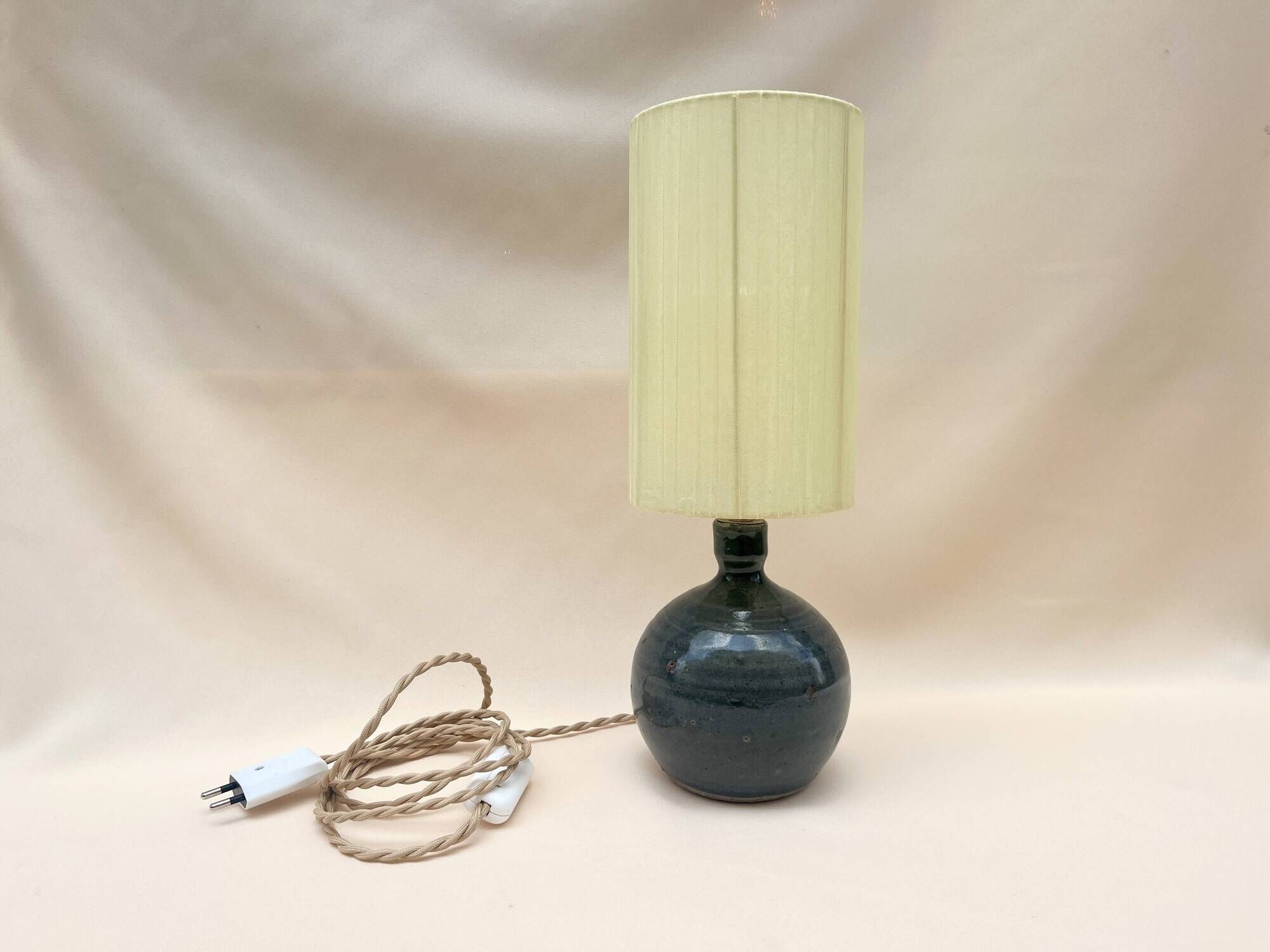 Vintage blue pyrite stoneware lamp 1970s raffia rope lampshade ribbons 70s bohemian