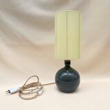 Lampe en grés pyrité bleu vintage 1970 abat-jour corde raphia rubans années 70 bohème