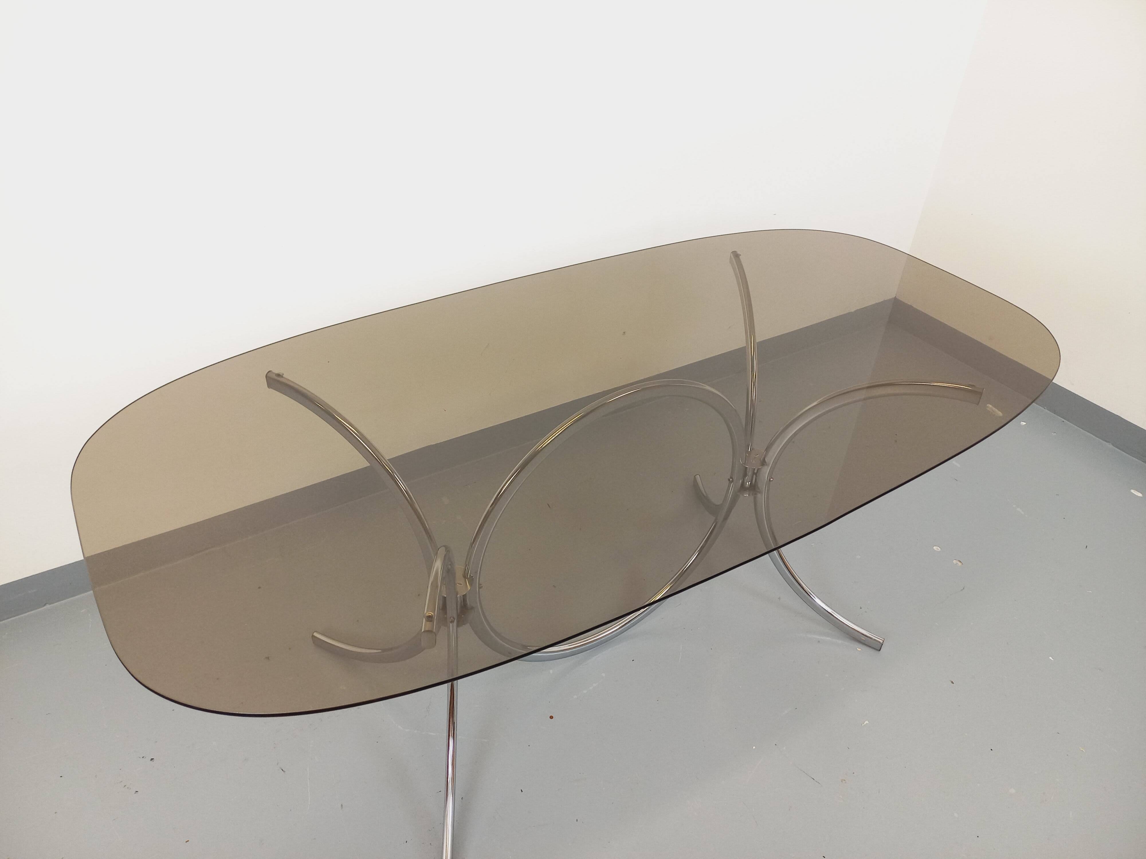 Vintage rectangular rounded dining table in smoked glass and chrome metal