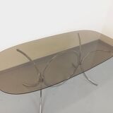 Vintage rectangular rounded dining table in smoked glass and chrome metal